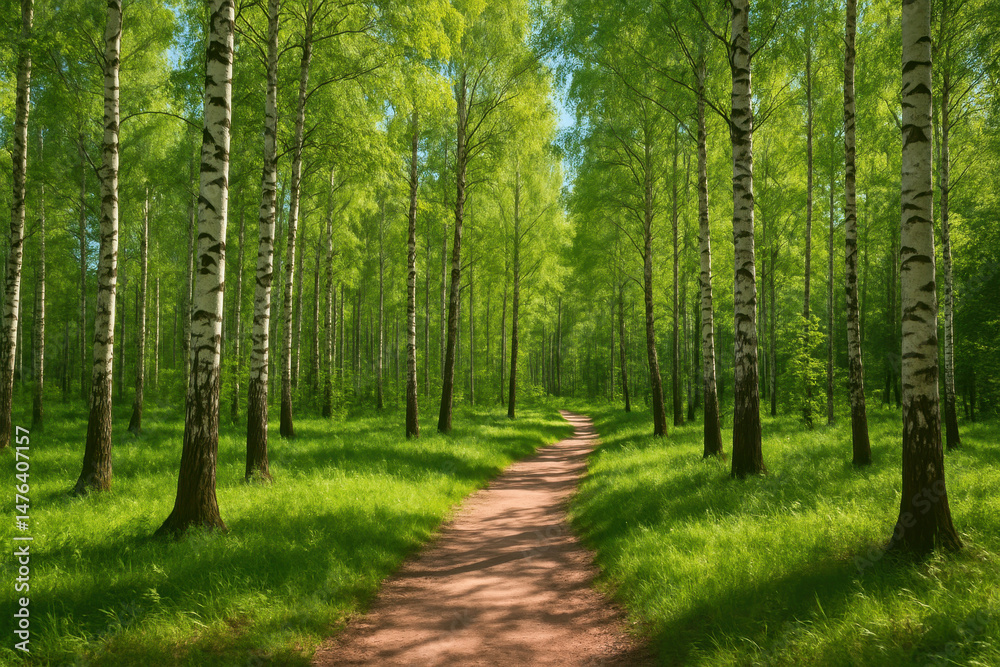 Peaceful dirt path winds through bright green birch forest with tall slender trees and fresh grass under clear blue sky, evoking calm and natural beauty Peaceful dirt path winds through bright green birch forest with tall slender trees and fresh grass under clear blue sky, evoking calm and natural beauty