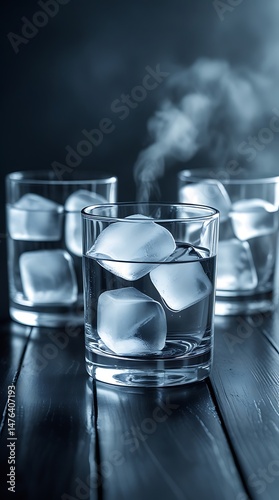 Three transparent glasses filled with large ice cubes releasing mist on a dark wooden surface, capturing a cold refreshing concept with dramatic lighting and steam effect

 photo
