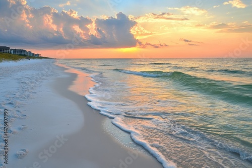 Wallpaper Mural Golden sunset over a tranquil beach, soft waves lapping at the shore.  Houses line the horizon Torontodigital.ca