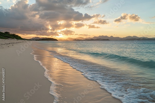 Wallpaper Mural Tranquil beach at sunset, soft golden light reflecting on the water.  A serene tropical paradise Torontodigital.ca