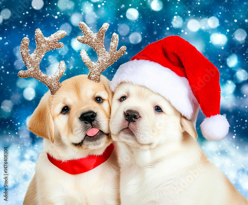 Two adorable Labrador puppies dressed in festive holiday outfits, one wearing a Santa hat and the other with reindeer antlers, snuggle together against a snowy blue background. 