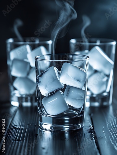 Three transparent glasses filled with large ice cubes releasing mist on a dark wooden surface, capturing a cold refreshing concept with dramatic lighting and steam effect

 photo