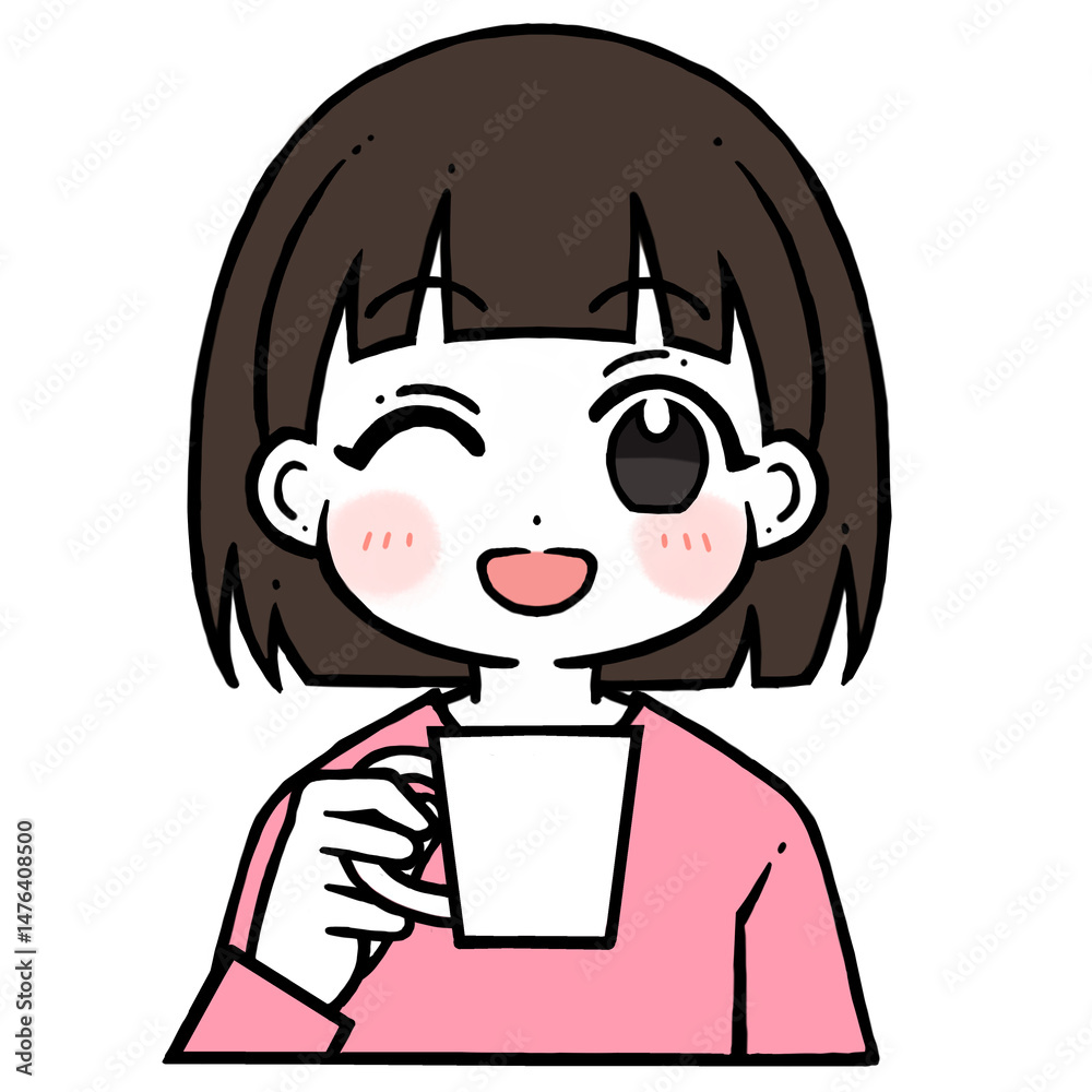 Obraz premium コップを持つウインクで笑う女の子のイラスト
