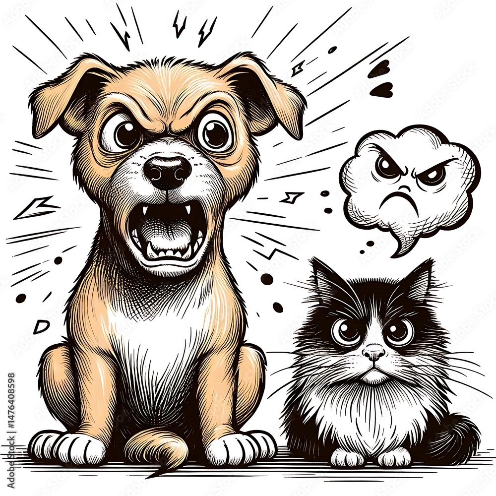 Fototapeta premium A cartoon-styled illustration of a barking dog next to an angry cat with expressive faces, designed in hand-drawn comic style for humor and fun.