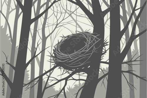 62 large intricate twig nest, overgrown forest, mist, fog, moody lighting, detailed, cinematic, mystical, dramatic