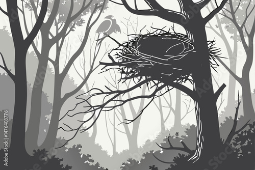 62 large intricate twig nest, overgrown forest, mist, fog, moody lighting, detailed, cinematic, mystical, dramatic