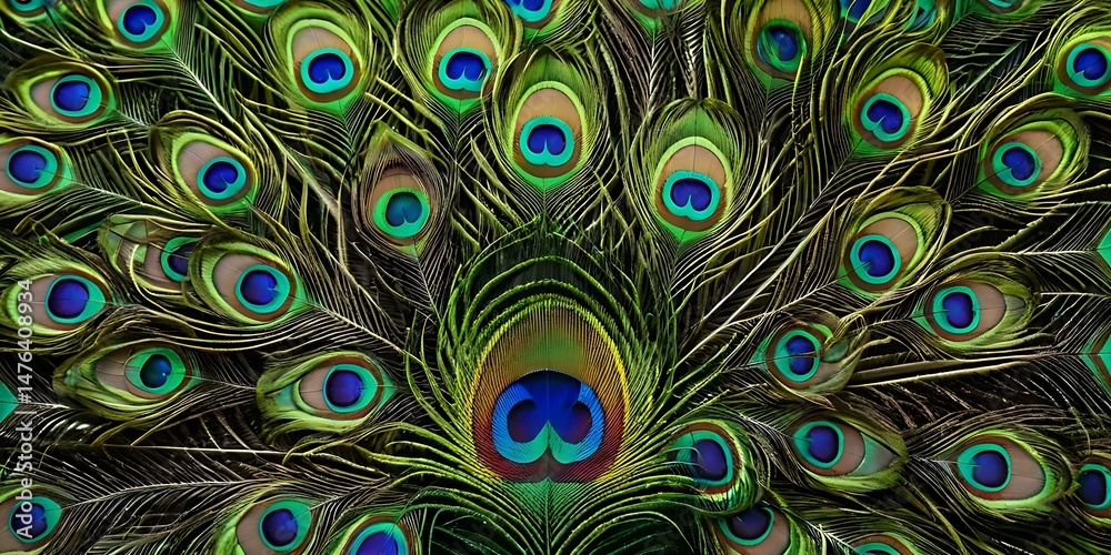 Fototapeta premium Colorful beautiful peacock tail ,Bright colorful feathers, peacock feather pattern background.