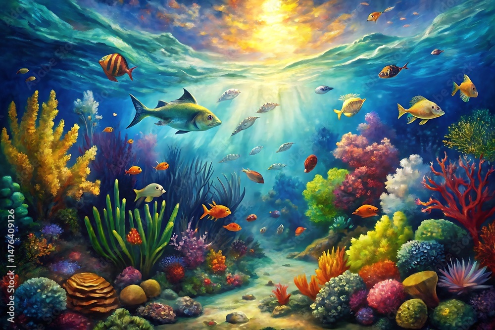 Naklejka premium Painting of a coral reef with many fish swimming in the water. Graphic, vector, illustration, art, icon, design, clipart, cartoon, sketch, watercolor, mockup, abstract, digital, stock, images, AI