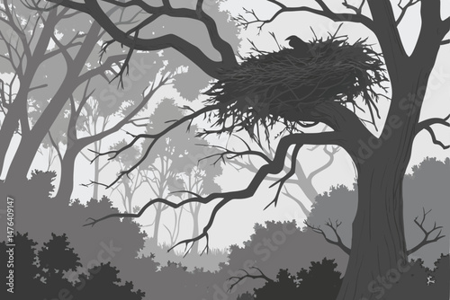 62 large intricate twig nest, overgrown forest, mist, fog, moody lighting, detailed, cinematic, mystical, dramatic