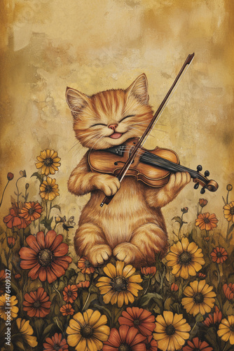 Acrylic colour painting of happy cat playing violin and flowers over grunge brown background, illustration music poster