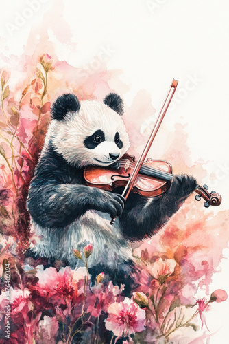 Watercolour painting of happy panda playing violin and pink flowers over white background, illustration music poster