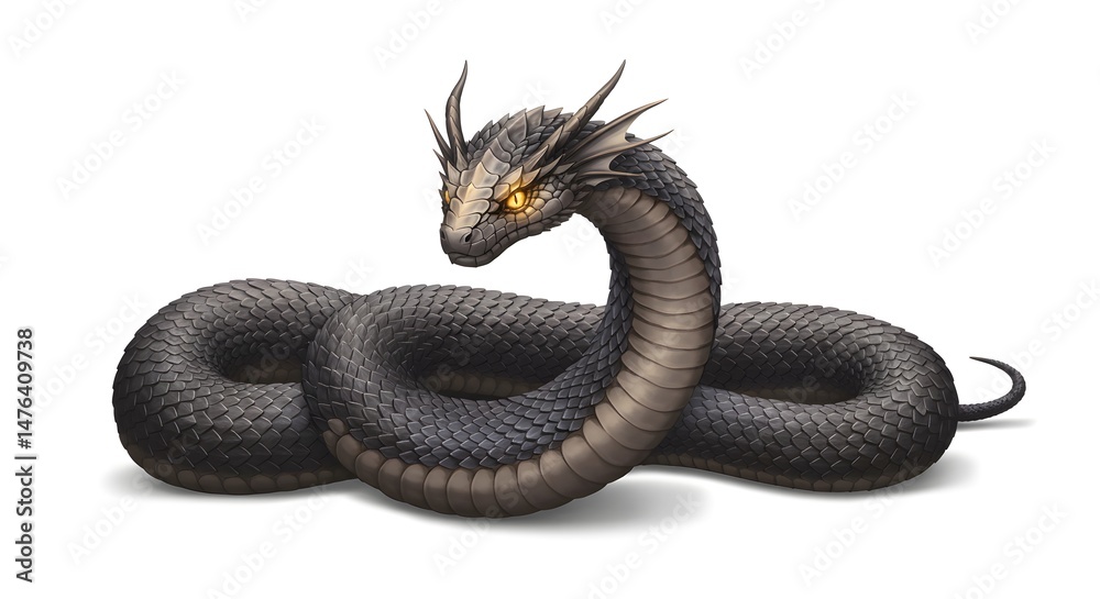 Obraz premium Black dragon with yellow eye in a fantasy style illustration with intricate details and vibrant colors