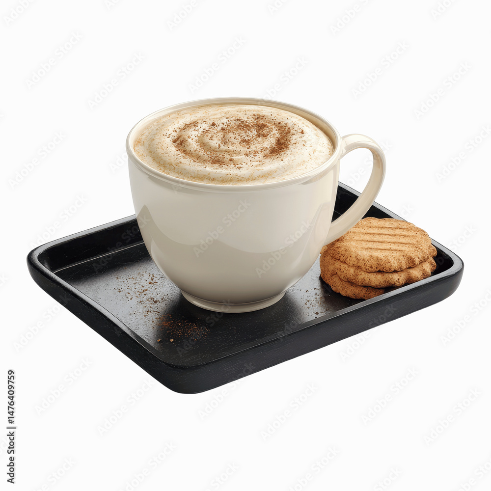 Obraz premium Aromatic Cappuccino with Cinnamon and Crispy Cookies on a Tray