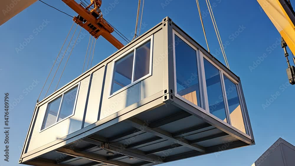 Modern modular container home lifted by yellow crane with large windows against clear blue sky, showcasing construction and portable housing design