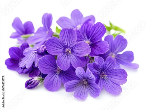 Close up of vibrant purple violets in a cluster on a white background studio shot floral botanical spring