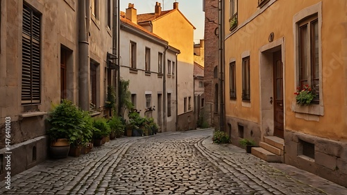 Fototapeta Naklejka Na Ścianę i Meble -  Old European alleyway, cobblestone streets, golden hour