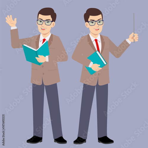 Young glasses business man in suit jacket standing smiling face holding a book teaching or lecturing to share his knowledge