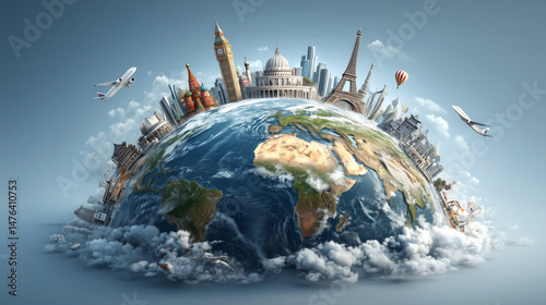 A miniature Earth showcases famous landmarks, airplanes, and clouds, symbolizing global travel and international destinations.