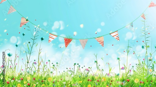 Flag Day Natural Background: Red Flags Merge with Wilderness, Spreading an Ecological Scroll Co - painted by Mountains, Rivers, Plants and Flag Passion