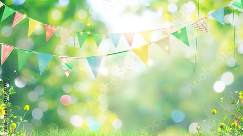 Flag Day Natural Background: Red Flags Merge with Wilderness, Spreading an Ecological Scroll Co - painted by Mountains, Rivers, Plants and Flag Passion