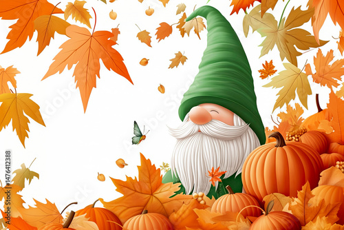 Autumn gnome with a fluffy white beard and a green hat enjoys the fall season, surrounded by pumpkins, golden leaves, and a butterfly in a whimsical illustration. 