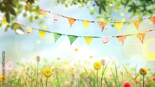 Flag Day Natural Background: Red Flags Merge with Wilderness, Spreading an Ecological Scroll Co - painted by Mountains, Rivers, Plants and Flag Passion