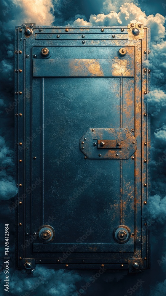 Fototapeta premium Metallic door set against a backdrop of swirling clouds.