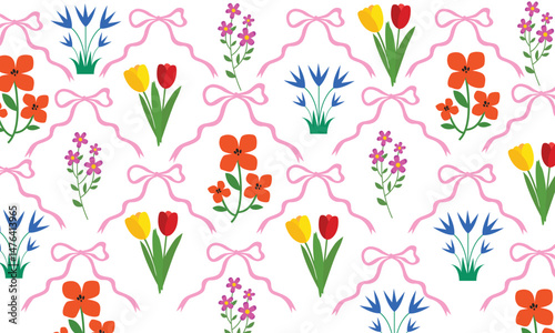  Floral trellis seamless pattern with bows and ribbons. Preppy spring summer hand drawn flowers. Botanical elegant trendy print. Vintage design for fabric, wallpaper or wrapping paper.