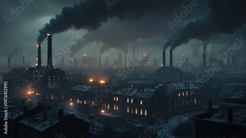 Urban Industrial Factory Scene with Smoke Emissions from Multiple Chimneys Illuminated by Soft Street Lighting du Nighttime in a Pollution-Heavy Cityscape photo