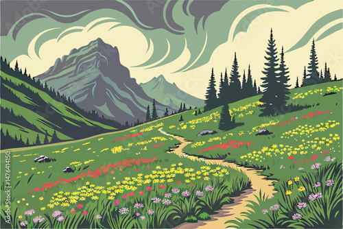 64 wide angle view of a lush green meadow with a spiral pattern of colorful wildflowers, mountains in the background, dramatic clouds in the sky, beautiful natural landscape, detailed, vivid colors, h