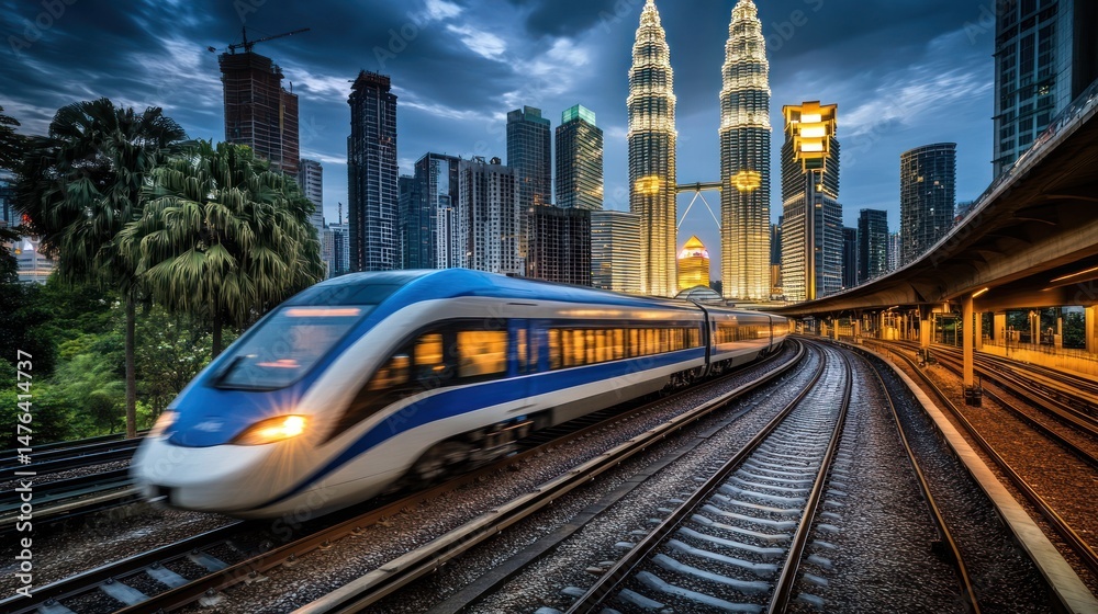 Fototapeta premium Modern train moving through city skyline at twilight. Possible use Stock photo for travel, transportation, or urban scenes