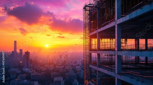 Stunning panoramic view of a vibrant city skyline at sunset with a skyscraper under construction featu glass and dramatic colorful clouds overhead photo