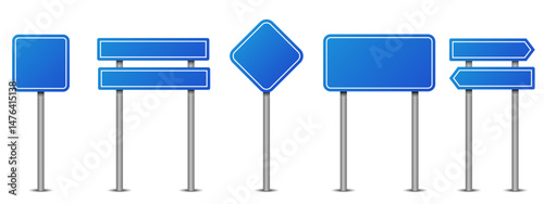 Road traffic signs set. Blank blue board on metal poles. Mockup collection. 3d realistic blue blank street signboards. Isolated empty roadside signposts for information. Vector
