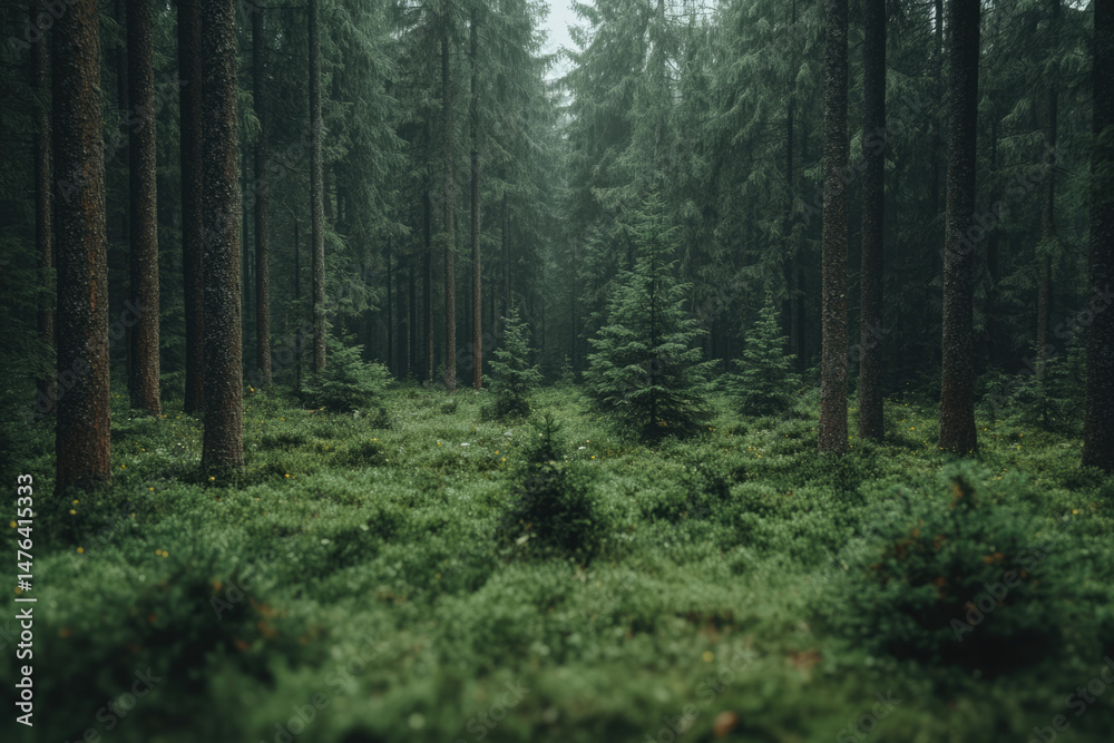 Fototapeta premium A Serene Forest Scene with Sunlight Filtering Through Pine Trees