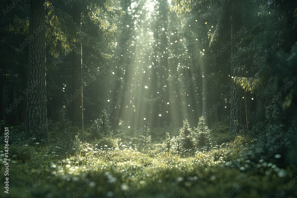 Fototapeta premium Sunlight Dancing Through Pine Trees in a Peaceful Forest