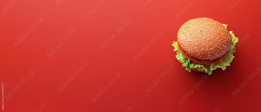 Delicious Burger on Red Background Top View Food Photography Fresh Ingredients Restaurant Meal Fast Food Concept Delicious Burger on Red Background Top View Food Photography Fresh Ingredients Restaurant Meal Fast Food Concept