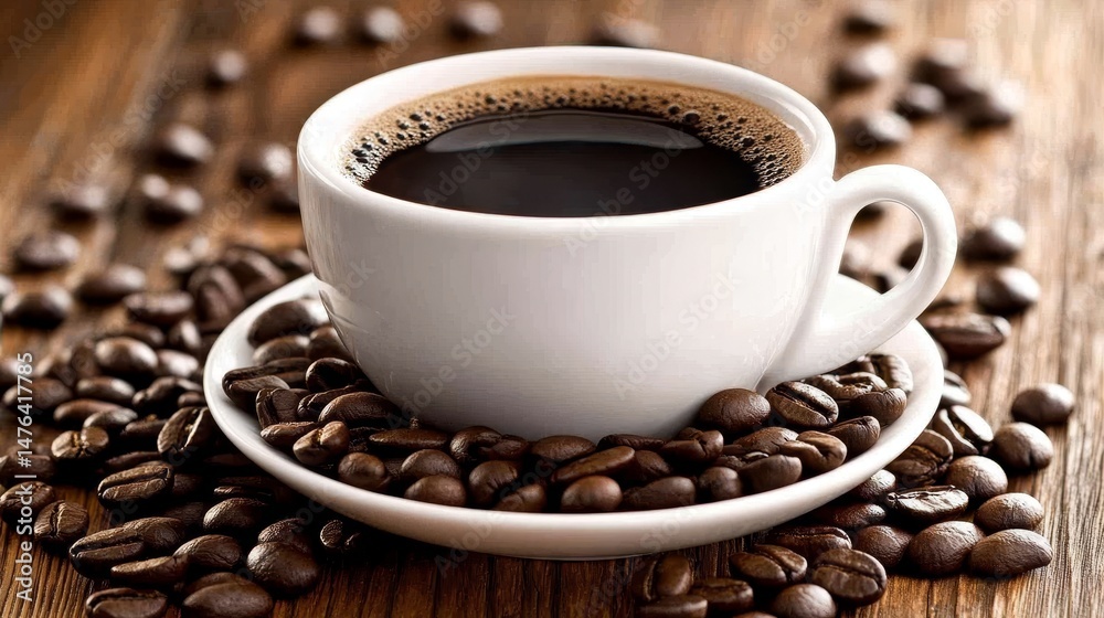 Fototapeta premium Steaming Cup of Freshly Brewed Coffee Surrounded by Roasted Coffee Beans on Rustic Wooden Table