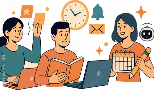 Schedule set. Characters using artificial intelligence generative tools for time management. Scheduling, task performance, calendar organizing concept. Vector illustration.