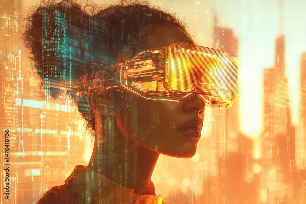 Fototapeta premium Futuristic woman wearing vr glasses in a city scene.