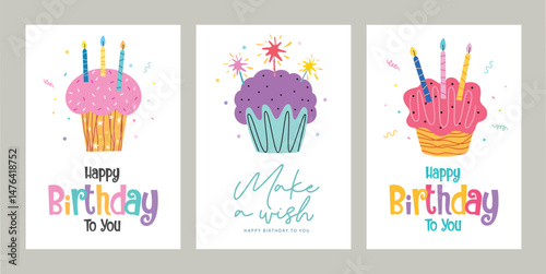 Happy birthday greeting clipart poster set. Birthday wishes and invitation card clip art with cup cake, candles and confetti colorful abstract drawing elements in white background collection vector 