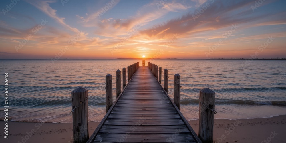 Obraz premium Stunning Sunset Over Serene Ocean with Wooden Pier Extending into Horizon Under Vibrant Sky