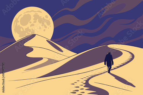 65 wide angle, epic, serene landscape, full moon rising over a desert path, glowing moon, silhouetted figure walking on path, dramatic sky, vibrant colors, moody, cinematic, award-winning photograph