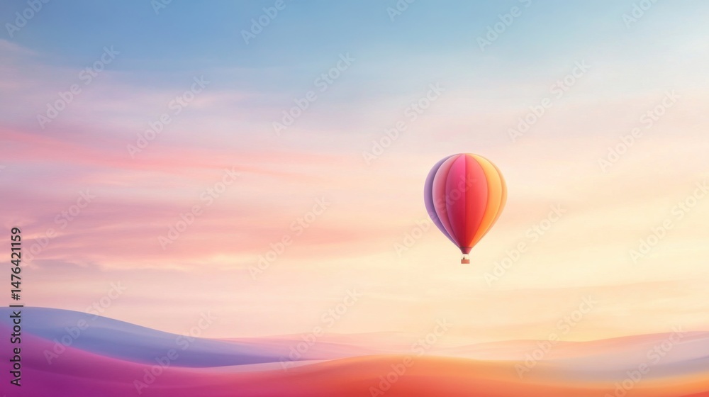 Fototapeta premium Hot Air Balloon Over Colorful Sky and Soft Rolling Hills at Sunset