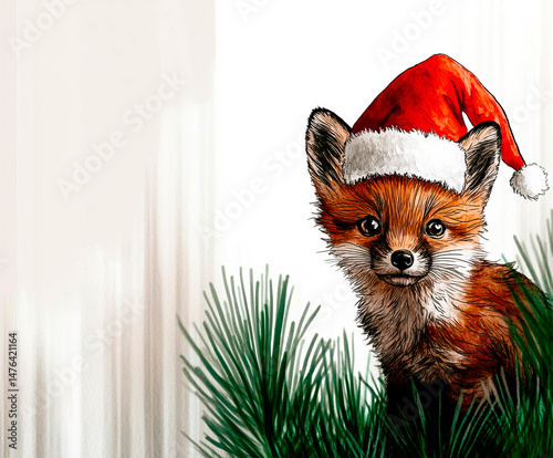 A cute baby fox wearing a red Santa hat sits among green pine branches, creating a festive and winter holiday atmosphere with a charming and artistic touch.
