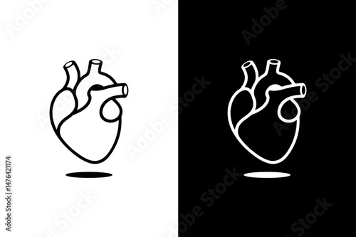 Black Human Heart Vector Icon Anatomical Silhouette on White Background.