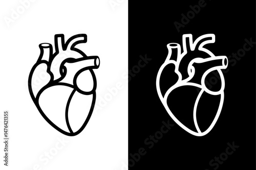 Human Heart Silhouette Vector Icon Black and White Medical Design.