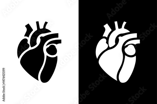 Human Heart Silhouette Vector Icon Black and White Medical Design.