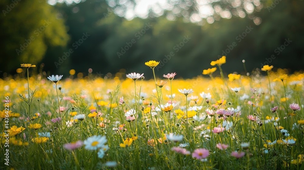 Fototapeta premium Vibrant meadow flowers in a lush summer landscape.