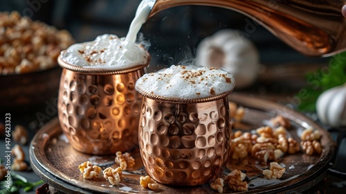 cup being poured from a height into a copper Ayran