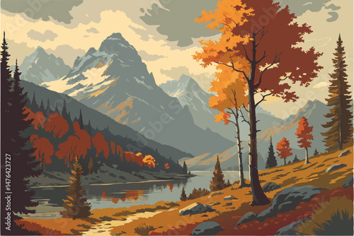 66 beautiful autumn landscape with colorful trees, snow-capped mountains, tranquil lake reflection, dramatic cloudy sky, atmospheric lighting, serene nature, ultra-wide angle composition, hyperrealist